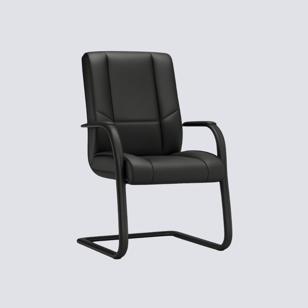 Poltrona Fixa Interlocução Direcional com Braços, Estrutura Balanço e Revestimento em Couro Ecológico