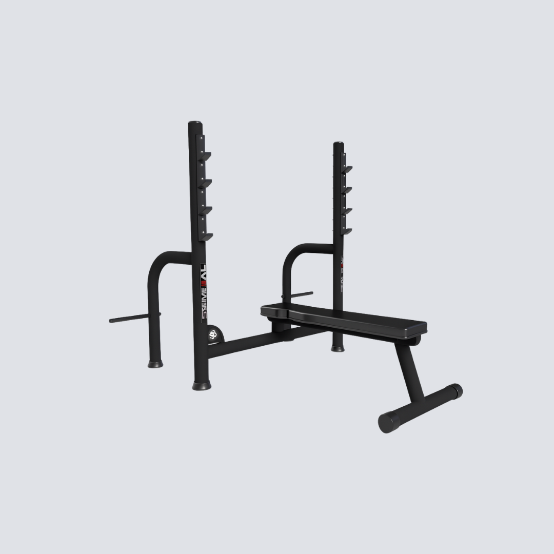 Banco Supino Reto Profissional – Estrutura Reforçada com Apoios Emborrachados e Suporte para Anilhas