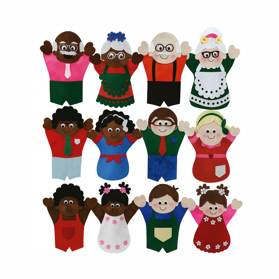 Fantoche Família Branca e Negra – Kit com 12 Personagens