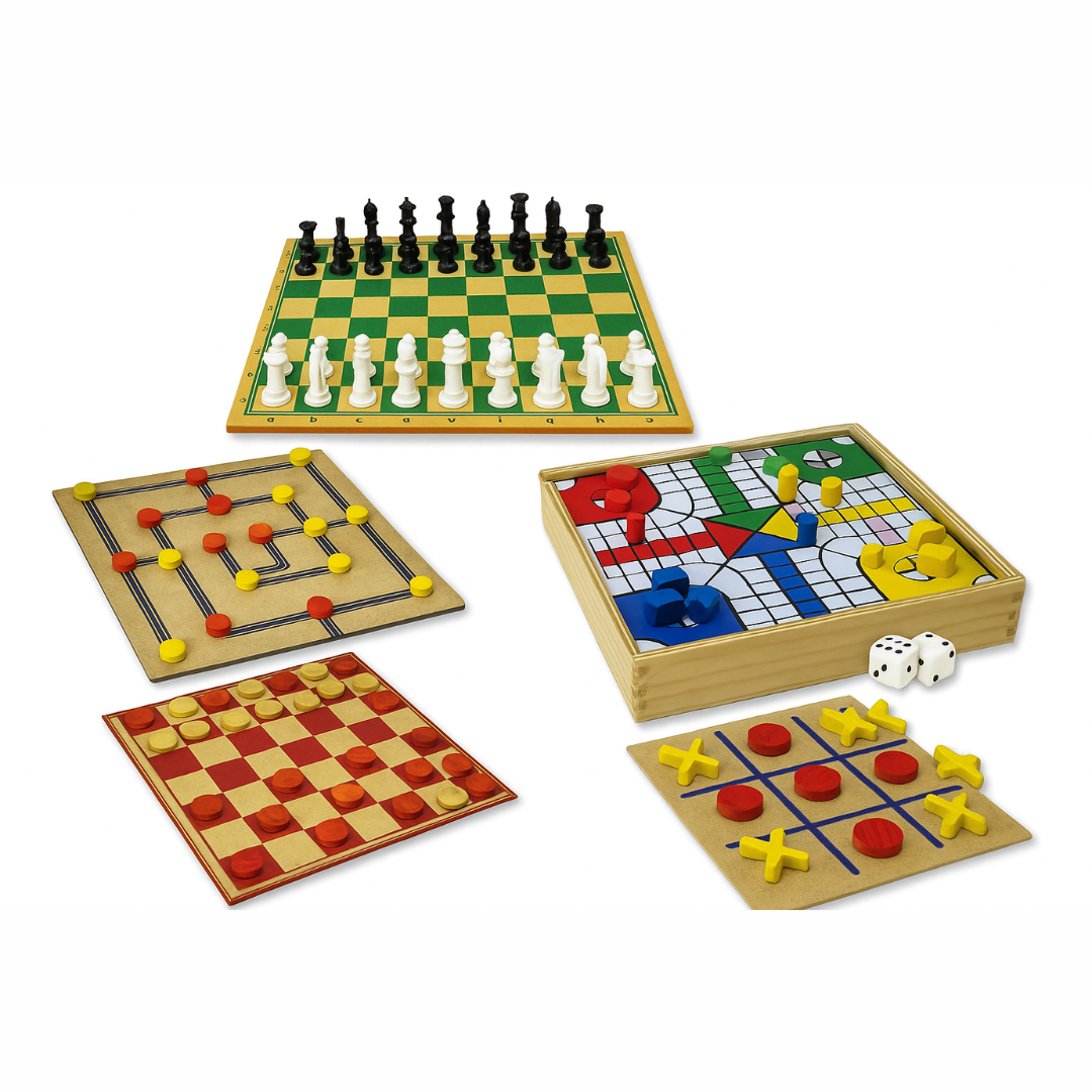 Jogo 5x1 – Conjunto com 5 Jogos de Tabuleiro em Estojo de Madeira
