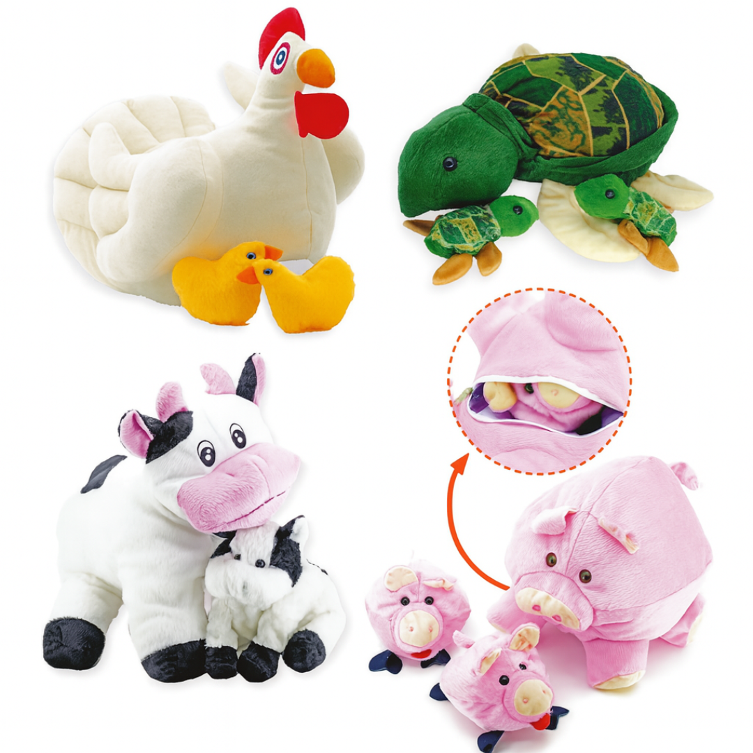 Animais com Filhotes – Conjunto de Pelúcias Educativas