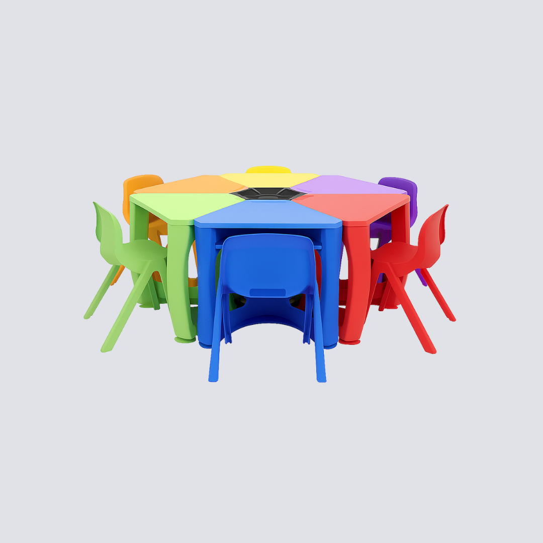 Conjunto Escolar Infantil Sextavado – 6 Mesas, 6 Cadeiras e Mesa Central Integrada